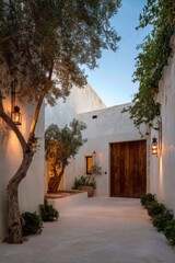 Sunset view of a quiet path lined with trees and warm lights in a beautiful courtyard surrounded by white walls and wooden doors in a serene setting