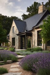 A charming stone house featuring a durable metal roof is beautifully surrounded by vibrant lavender flowers. A winding pathway leads up to this picturesque residence.