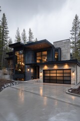 Modern house design surrounded by tall trees with a concrete driveway leading to a garage, captured in cloudy weather in a natural setting