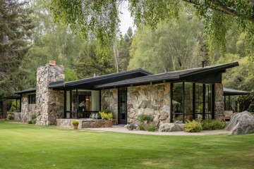 Contemporary stone house set amidst a lush green landscape features expansive windows, a charming stone chimney, and is enveloped by trees and vibrant grass