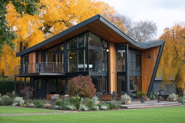 A contemporary home featuring expansive windows overlooks a serene garden filled with vibrant orange trees, creating a picturesque autumn scene in a peaceful neighborhood