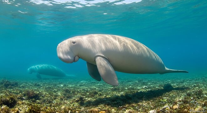 Dugong swimming gracefully underwater with clear blue water and sunlight