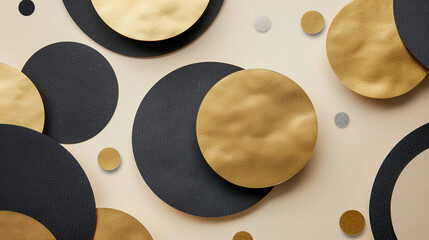 ゴールドとブラックの立体円形パターン背景　高級感のある抽象デザイン素材