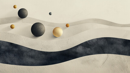 ゴールドとブラックの球体と波形ラインの抽象背景　高級感のあるモダンデザイン素材