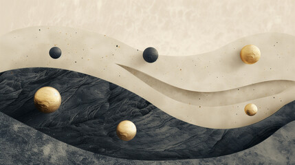 ゴールドとブラックの球体が漂うウェーブ抽象背景　高級感のあるモダンデザイン素材