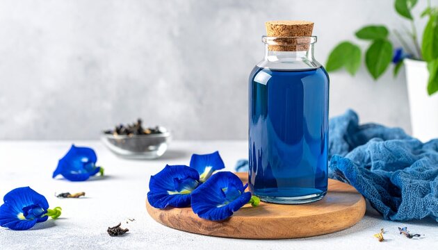 Butterfly pea flower tea with natural blue color, glass bottle, bright modern background, exotic wellness drink