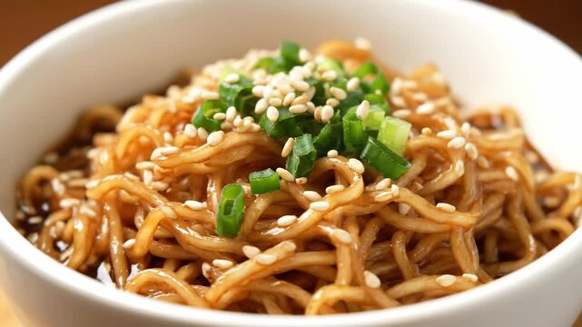 Close-up of glossy stir-fried Asian noodles (ramen or lo mein) coated in sauce and topped with toasted sesame seeds and fresh scallions in a white ceramic bowl.