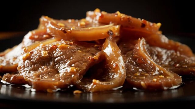 Extreme Close-up of Spicy Asian Cold Dish Slices (Liang Cai) Marinated in Chili Oil Sauce. Appetizing Macro Shot of Gelatinous Chinese Cuisine Served on Dark Plate.
