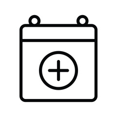 Obraz premium A simple black and white line art icon representing a calendar with a plus sign inside a circle, symbolizing adding new entries or events. Event and Calendar single line icon UI design.