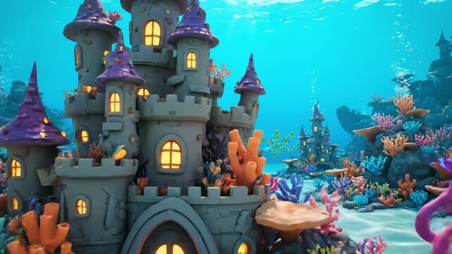 Underwater fantasy castle with towers and sea creatures.