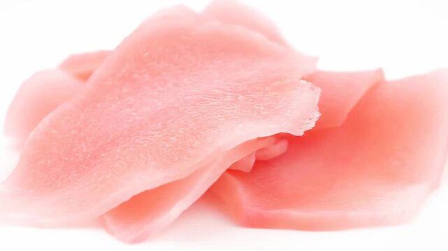 Close-up macro shot of bright pink pickled ginger (Gari) slices isolated on a clean white background, commonly served as a palate cleanser with sushi.