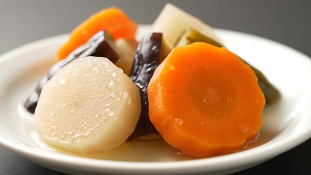 Close-up of Japanese Nimono (simmered vegetables) featuring carrots, daikon radish, and dark vegetables served in a white ceramic bowl, showcasing traditional Asian cuisine.