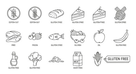 Obraz premium Modern vector line icons illustrating gluten-free and dairy-free food choices, healthy eating symbols, and crucial dietary restriction warnings for informed consumer wellness