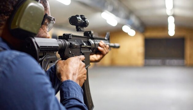 Shooter aiming a modern sporting rifle with red dot sight at an indoor gun range, wearing ear and eye protection for target practice.