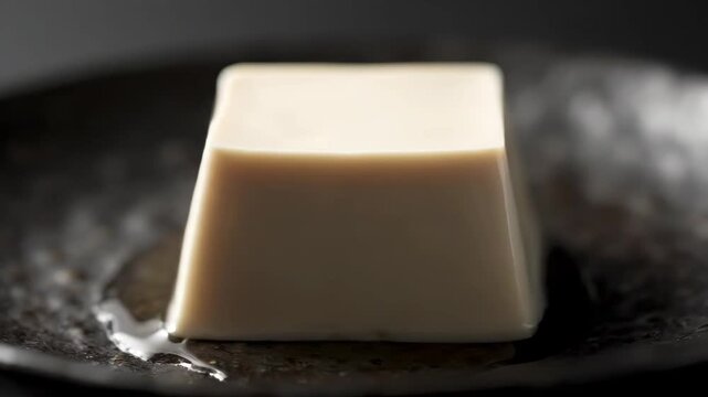 Close-up shot of a smooth, cube-shaped Japanese dessert, Annin Dofu (Apricot Kernel Tofu), or creamy soy pudding, served elegantly on a dark ceramic plate with dramatic lighting.
