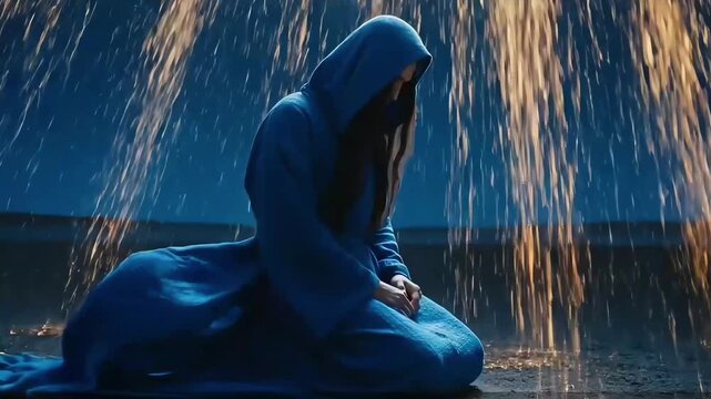 A solitary hooded figure in deep blue kneels in pensive reflection, their silent moaning echoing within a dramatic shower of golden light, capturing profound sorrow and mystery in a cinematic scene