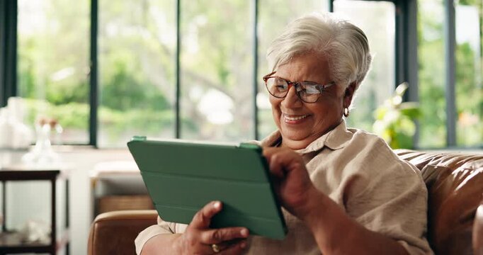 Old woman, tablet and scroll online in home with smile for communication, network and laugh with thinking. Senior person, funny chat or happy reflection with digital tech and internet in retirement