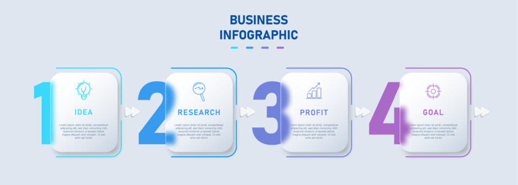 Light glassmorphism business infographic template with 4 step process idea research profit goal pastel gradient design