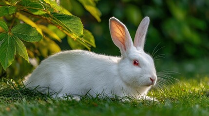 Obraz premium A white rabbit with pink-rimmed ears and red eyes sits in sun-dappled grass