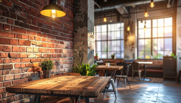 hipster coffee shop, brick wall, wooden table and metal 