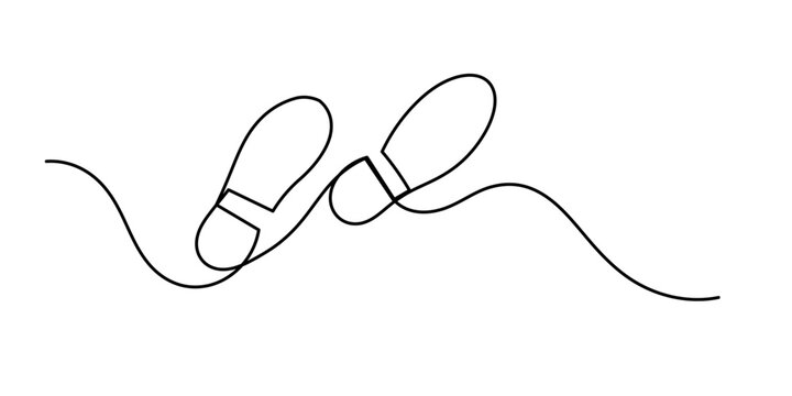 Continuous single line drawing of human footprint. Human footprint one line icon, Continuous one line drawing of footsteps, Barefoot human footprint drawn in minimalist style. shoe prints