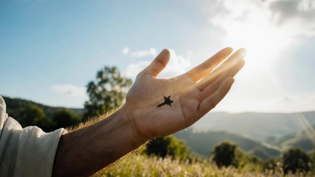 The hand of Jesus Christ reaching out with arms outstretched, the hand gesture of Jesus who died on the cross and was resurrected.