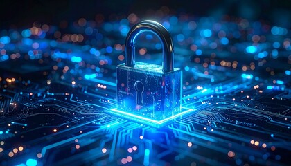 metal padlock securing a digital circuit board, 