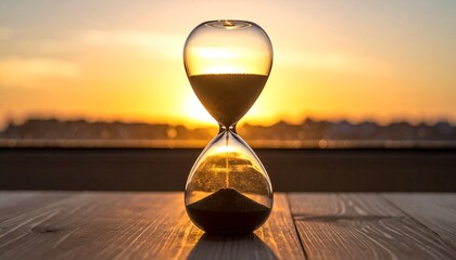 hourglass on a wooden desk with sand flowing, sunset light 