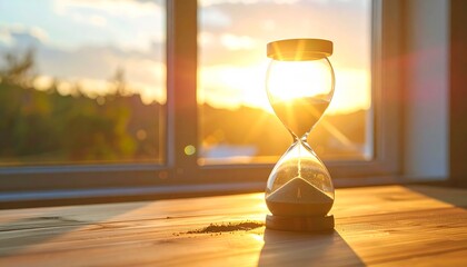 hourglass on a wooden desk with sand flowing, sunset light 