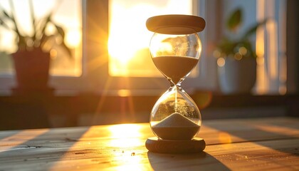 hourglass on a wooden desk with sand flowing, sunset light 