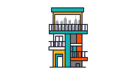 A colorful, minimalist building with balconies, and cityscape view