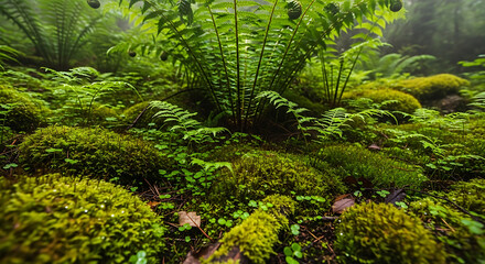 Fototapeta premium Lush Ferns and Moss on Forest Floor
