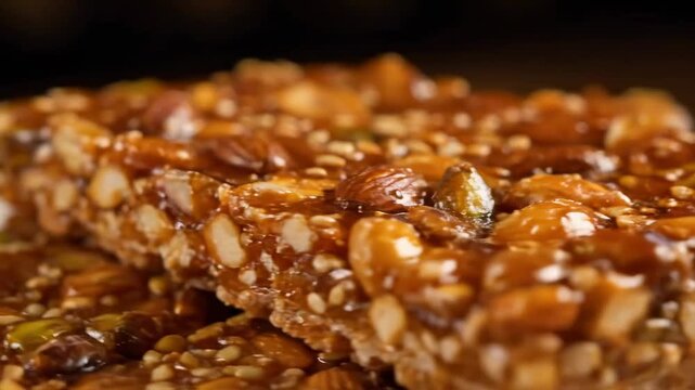 Macro Close-Up of Crunchy Peanut Brittle Bar Coated in Sticky Caramel Glaze and Sesame Seeds on a Dark Background, Showing Detailed Texture and Glossy Finish