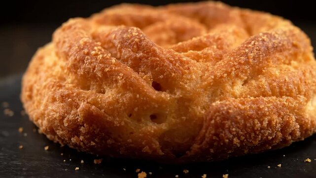 Macro Close-up of Golden Fried Pastry Dough Texture. Delicious, Deep-Fried Snack Crust Detail, Representing Bakery Food and Sweet Desserts.