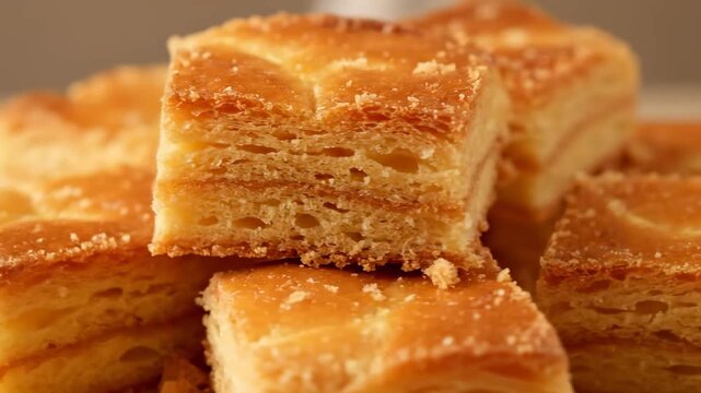 Close-up Macro Shot of Golden Layered Shortbread Pastry Squares Stacked High, Highlighting Flaky Texture and Sweet Crumbly Dessert