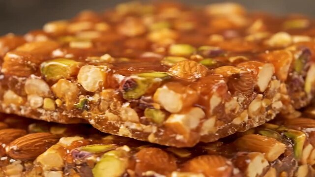 Stacked Nut Brittle Snack Bars with Almonds and Pistachios, Coated in Glossy Caramelized Syrup and Ready to Eat
