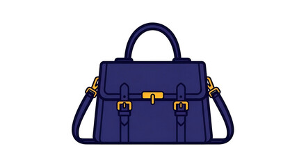 Dark blue leather bag with golden buckles, handle, and shoulder strap