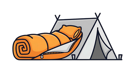 Orange sleeping bag and pillow exiting a gray tent, cartoon illustration