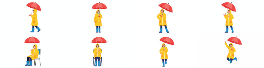 Person with umbrella in raincoat walking and sitting