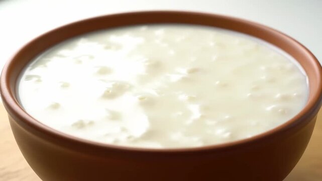 Close-up shot of fresh homemade curd (dahi or yogurt) served in a brown clay bowl, highlighting the creamy white texture and traditional preparation.