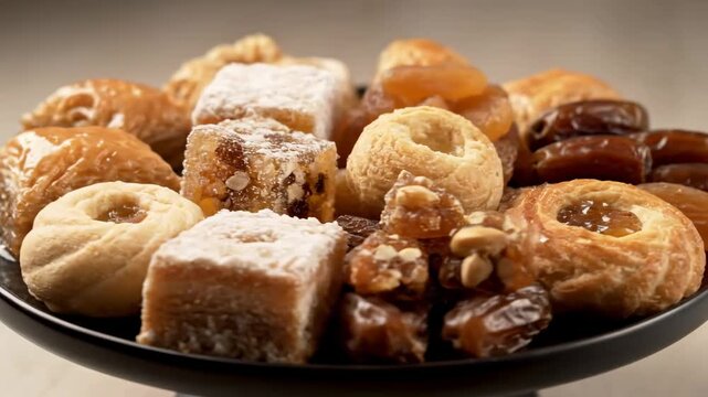 Assortment of Traditional Middle Eastern and Mediterranean Desserts. Close-up of Baklava, Turkish Delight (Lokum), and Various Sweet Pastries Served on a Platter.