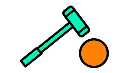 A teal mallet poised to strike an orange ball, against black