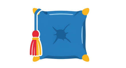 Blue pillow with a tassel. Yellow corners and white outline