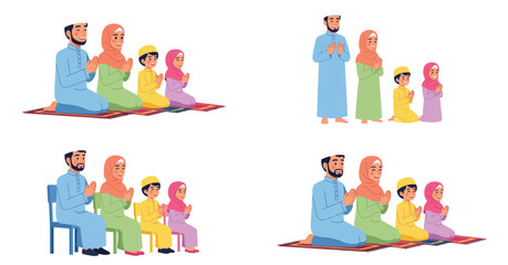 Muslim family praying together in various poses