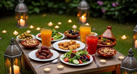 preparation on a serene garden table setting with food, drinks, and lanterns under a soft evening ambiance