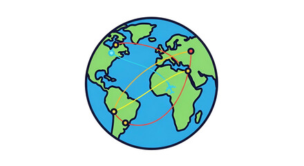 Stylized Earth globe with travel routes and a blue airplane icon