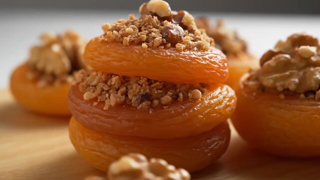 Delicious stacked dried apricots stuffed with crunchy crushed walnuts and topped with a whole nut, served as a healthy, traditional Turkish or Middle Eastern dessert snack.