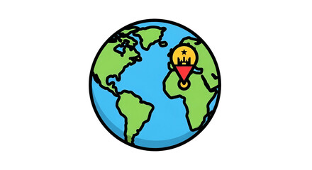 Cartoon globe with location marker on Africa. Black background