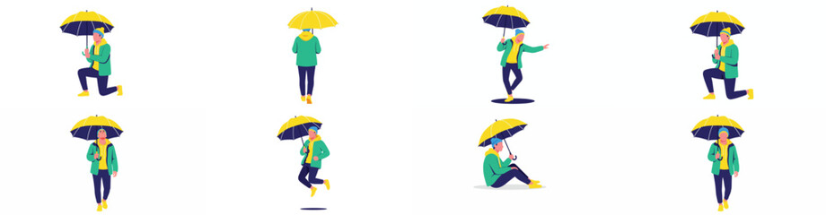 Person with umbrella in various poses, rainy day