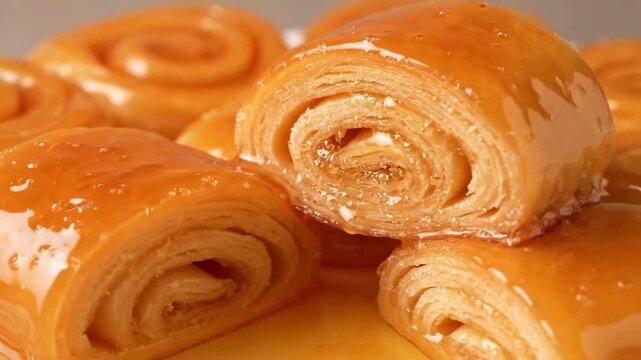 Close-up of traditional honey-glazed layered puff pastry desserts, showing flaky texture and sweet amber syrup coating on freshly baked sweet rolls.